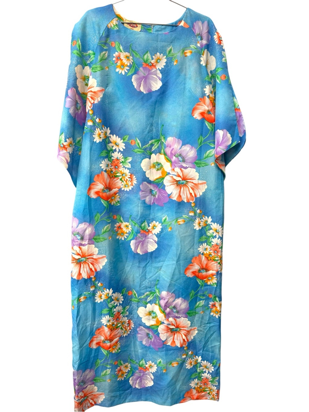 Vintage Pomare Ollare Hawaii Tropical Blue Floral Dress Maxi Hawaiian Muu Muu